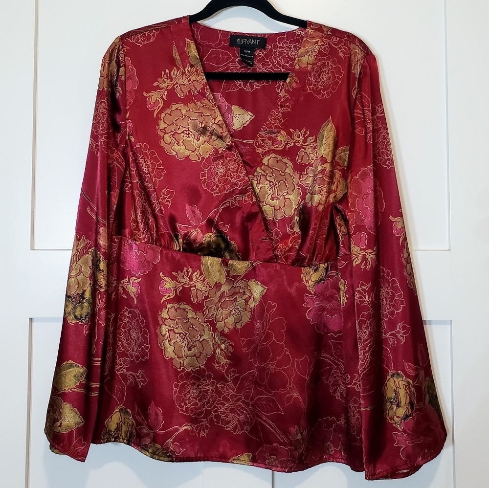 Lane Bryant Burgundy With  Gold Flowers Faux Wrap Style Blouse Top Size  14/16